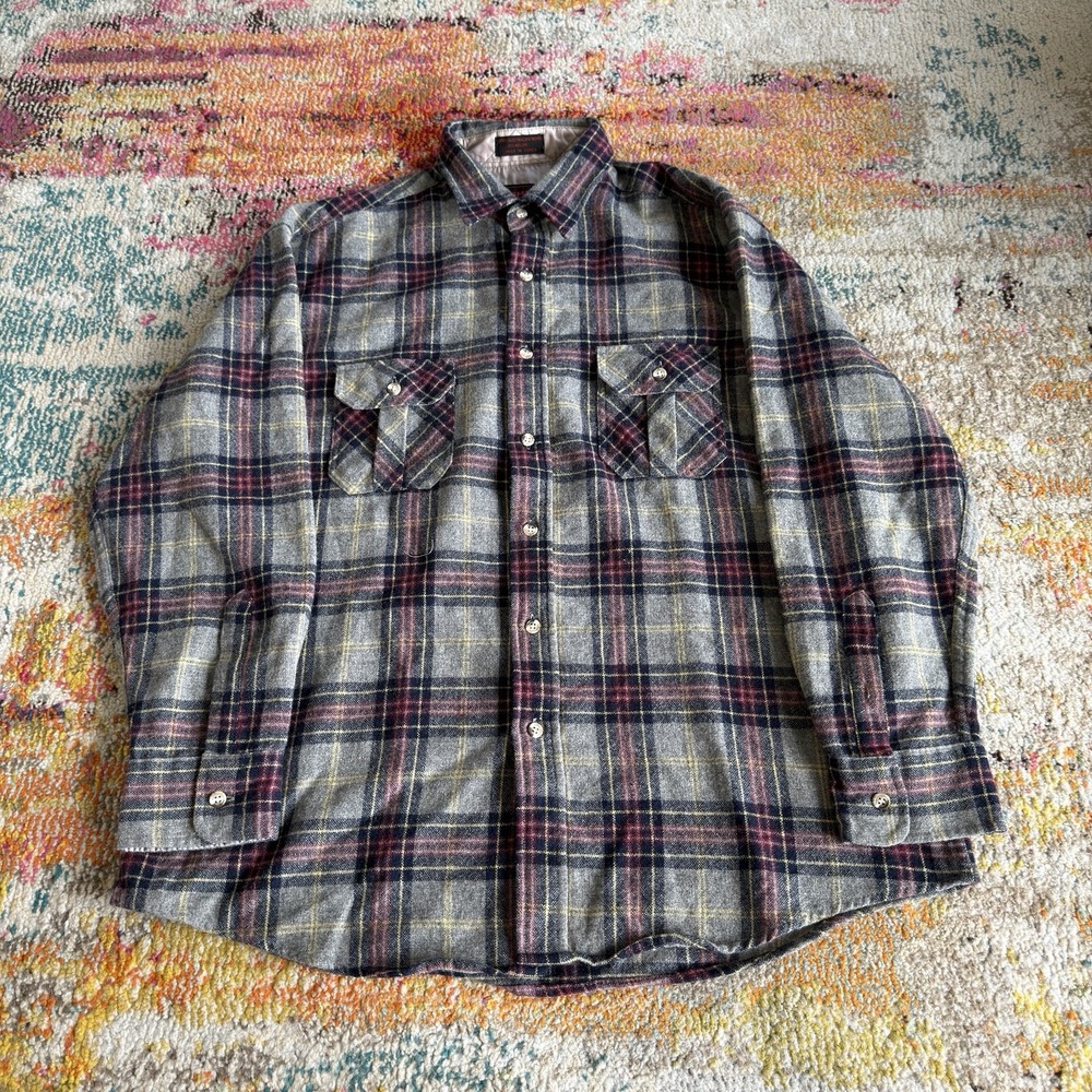 Vintage Oshman's Sportswear Wool Blend Plaid Flannel Shirt Mens XL Grey Burgundy